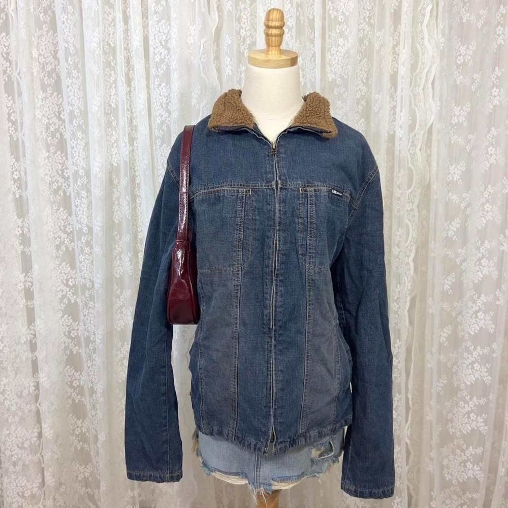 Vintage Unionbay Blue‎ Denim Jacket Women XL 90s Grunge Faux Fur Collar Full Zip